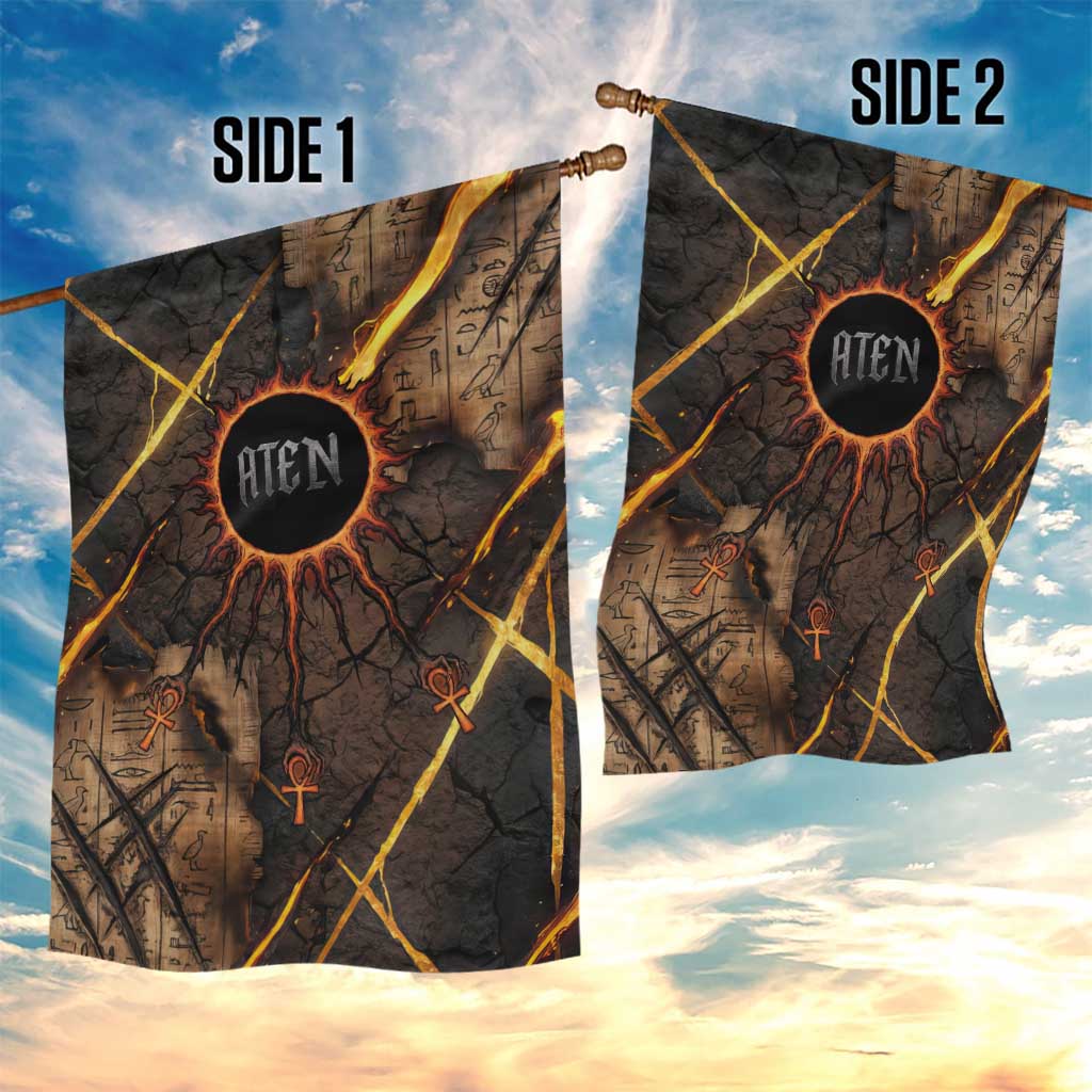 Aten Garden Flag Ancient Egyptian Cracked Stone Hieroglyph, Solar Eclipse Emblem, and Radiant Sunburst - Wonder Print Shop