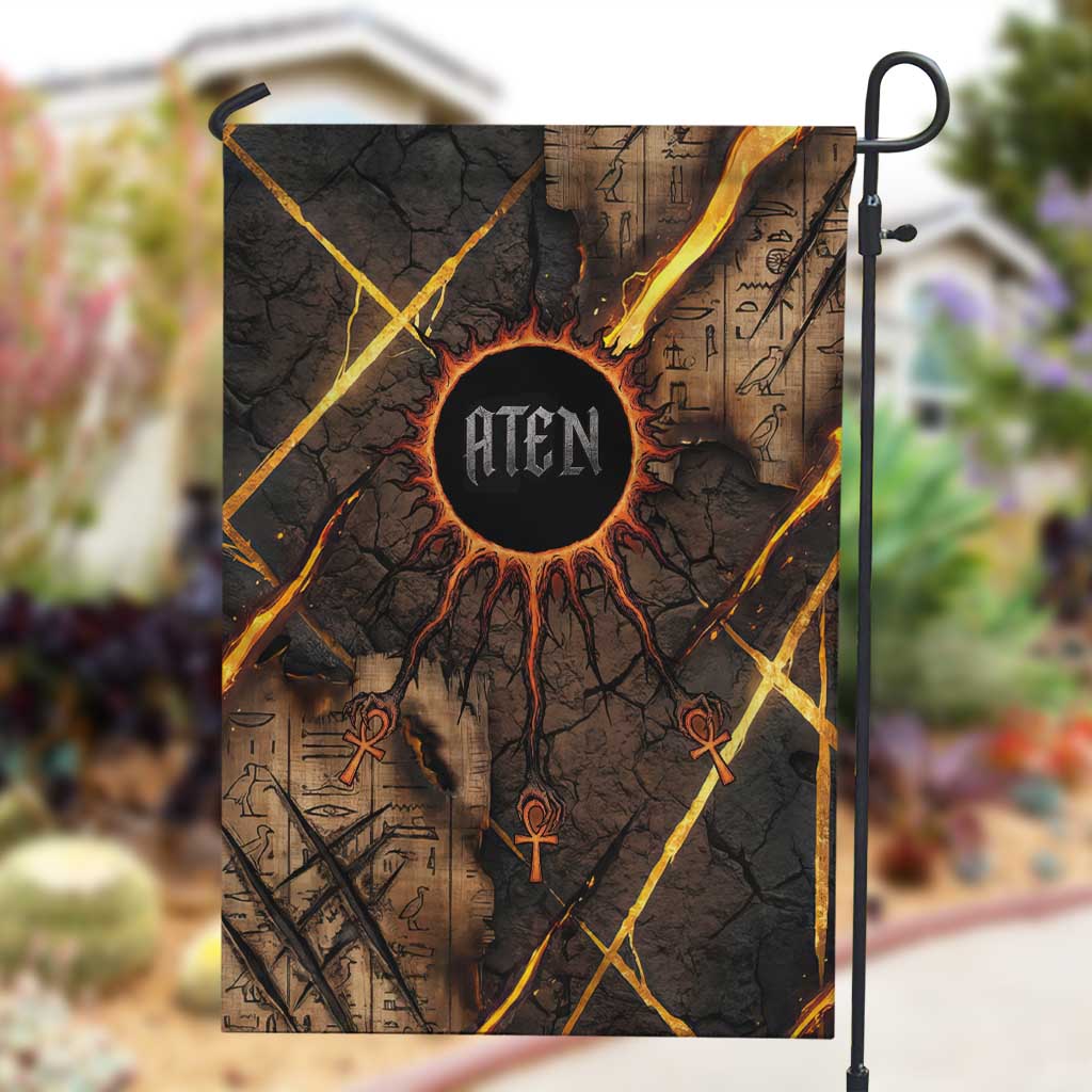 Aten Garden Flag Ancient Egyptian Cracked Stone Hieroglyph, Solar Eclipse Emblem, and Radiant Sunburst - Wonder Print Shop