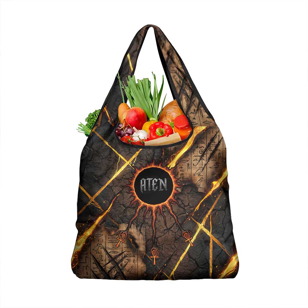 Aten Grocery Bag Ancient Egyptian Cracked Stone Hieroglyph, Solar Eclipse Emblem, and Radiant Sunburst - Wonder Print Shop