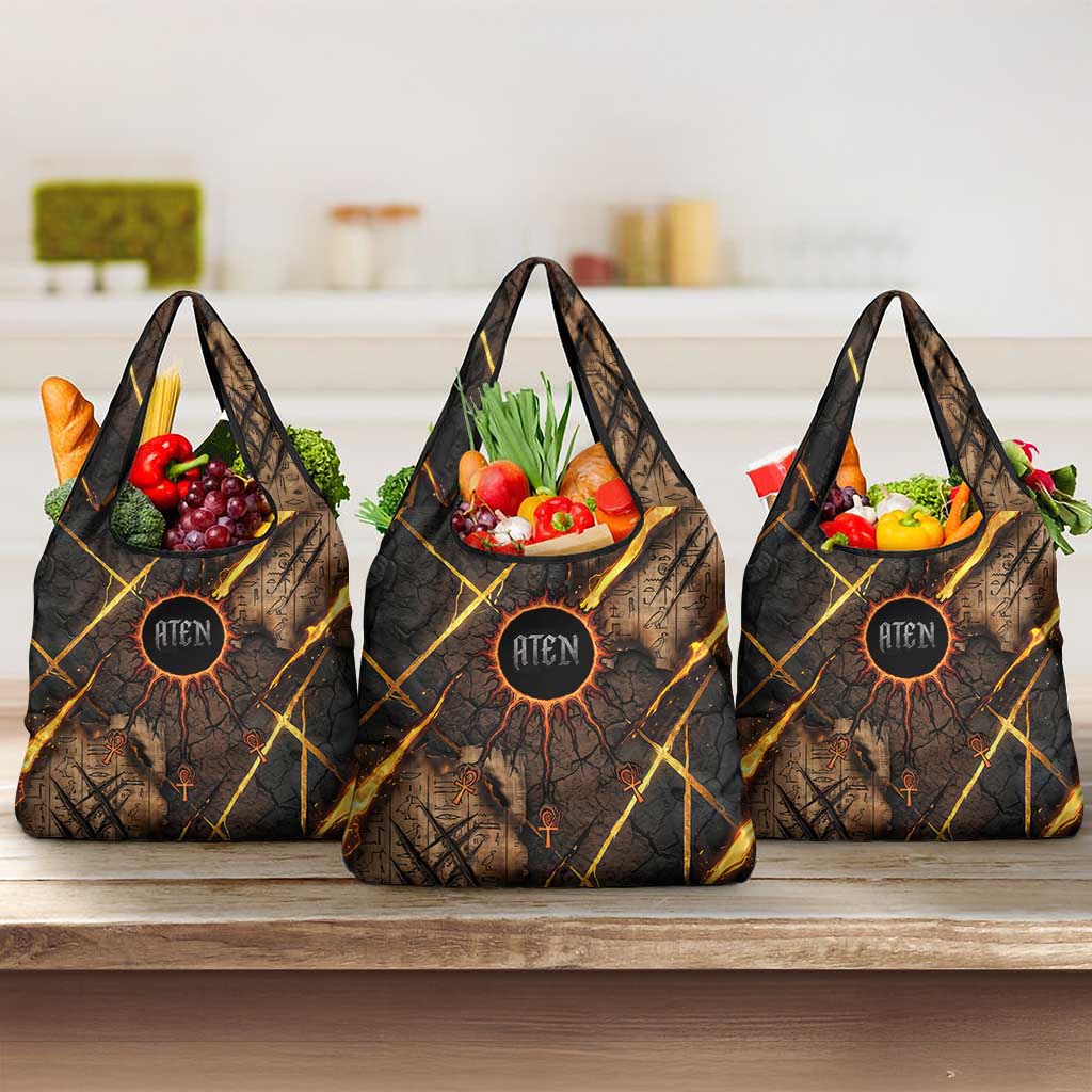 Aten Grocery Bag Ancient Egyptian Cracked Stone Hieroglyph, Solar Eclipse Emblem, and Radiant Sunburst - Wonder Print Shop