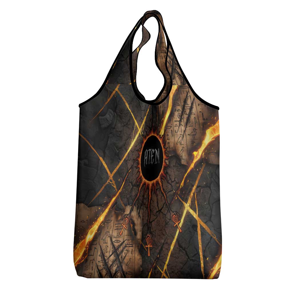 Aten Grocery Bag Ancient Egyptian Cracked Stone Hieroglyph, Solar Eclipse Emblem, and Radiant Sunburst - Wonder Print Shop