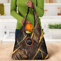 Aten Grocery Bag Ancient Egyptian Cracked Stone Hieroglyph, Solar Eclipse Emblem, and Radiant Sunburst - Wonder Print Shop