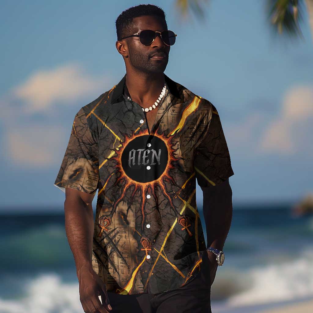 Aten Hawaiian Shirt Ancient Egyptian Cracked Stone Hieroglyph, Solar Eclipse Emblem, and Radiant Sunburst - Wonder Print Shop