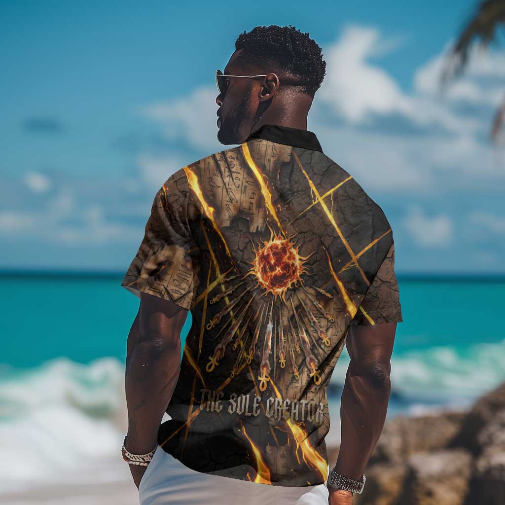 Aten Hawaiian Shirt Ancient Egyptian Cracked Stone Hieroglyph, Solar Eclipse Emblem, and Radiant Sunburst - Wonder Print Shop