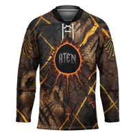 Aten Hockey Jersey Ancient Egyptian Cracked Stone Hieroglyph, Solar Eclipse Emblem, and Radiant Sunburst - Wonder Print Shop