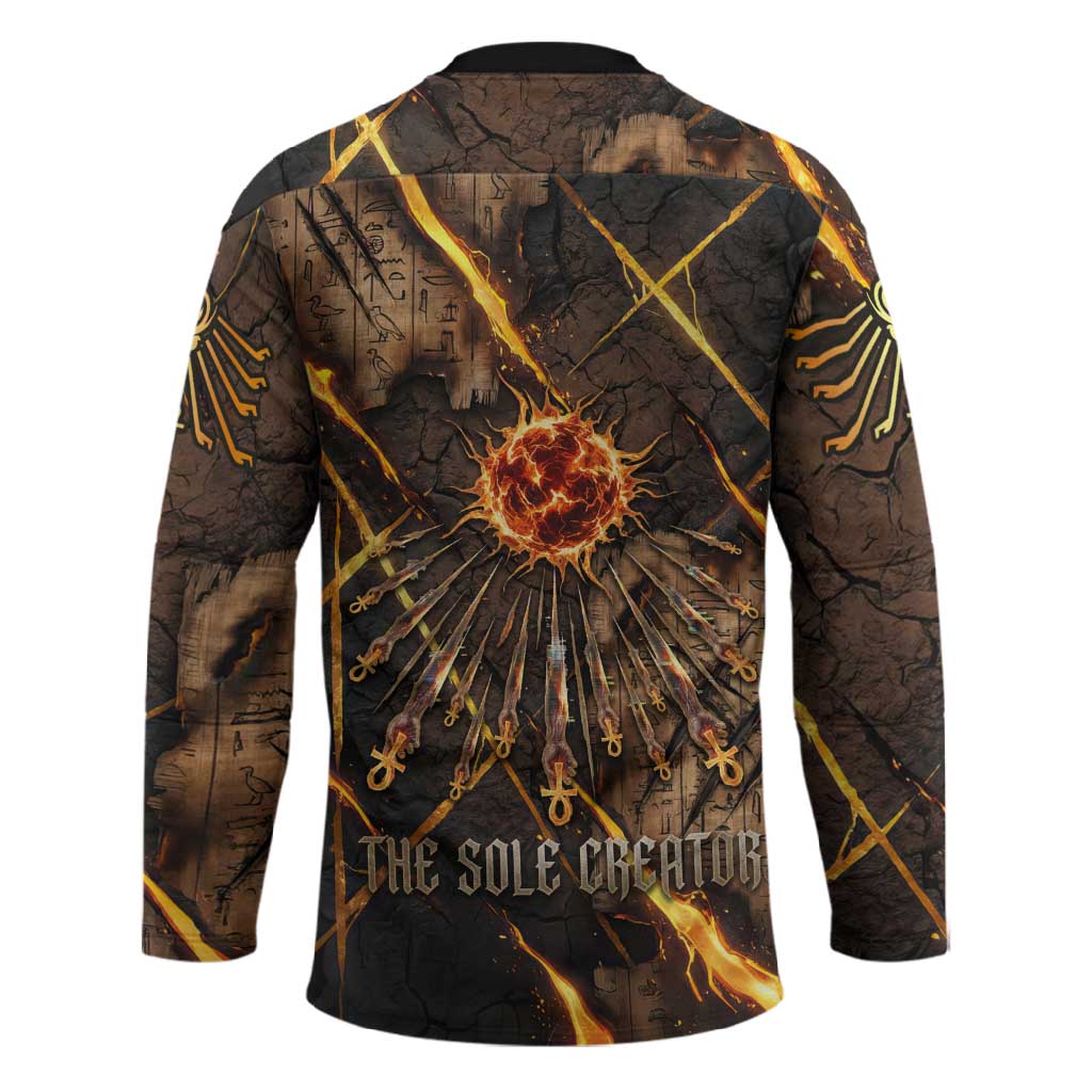 Aten Hockey Jersey Ancient Egyptian Cracked Stone Hieroglyph, Solar Eclipse Emblem, and Radiant Sunburst - Wonder Print Shop