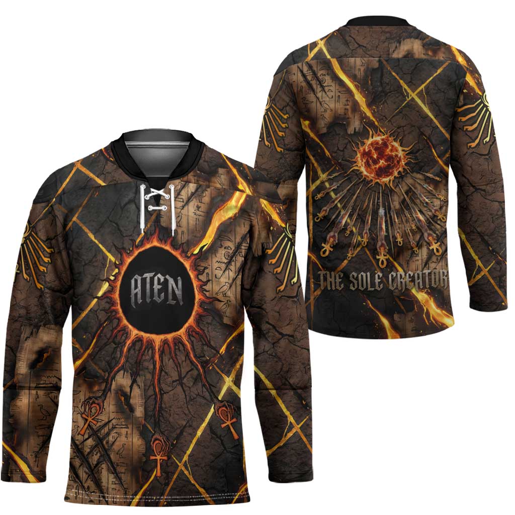 Aten Hockey Jersey Ancient Egyptian Cracked Stone Hieroglyph, Solar Eclipse Emblem, and Radiant Sunburst - Wonder Print Shop