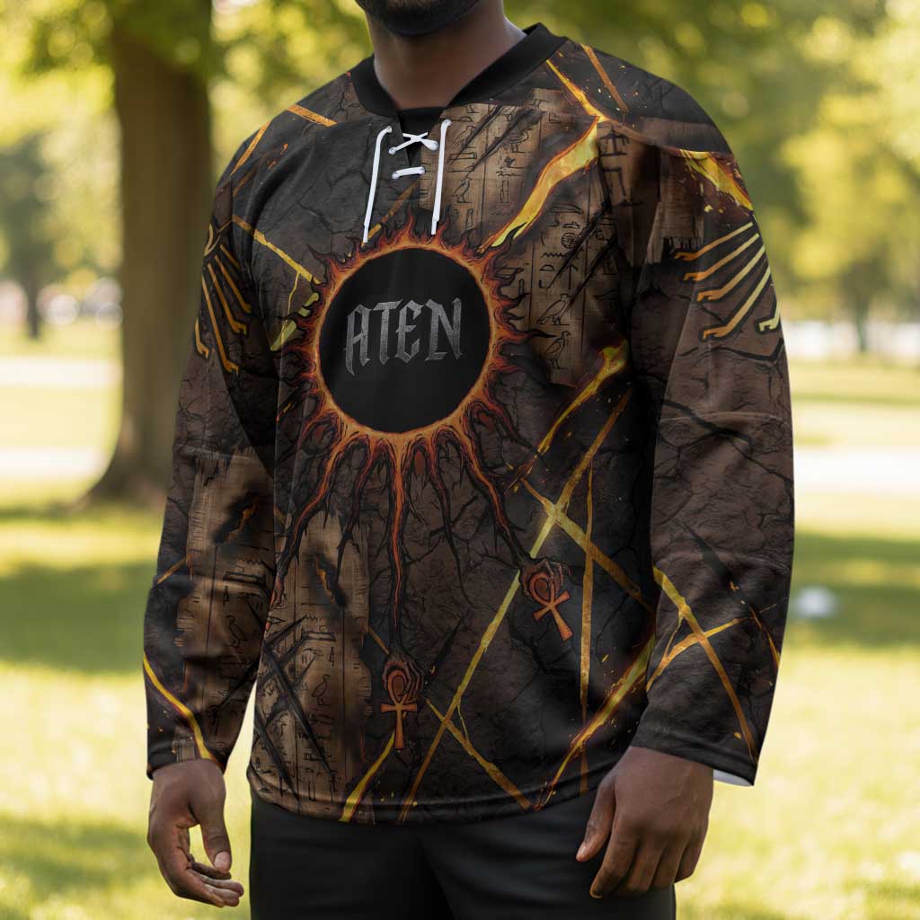 Aten Hockey Jersey Ancient Egyptian Cracked Stone Hieroglyph, Solar Eclipse Emblem, and Radiant Sunburst - Wonder Print Shop