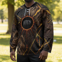 Aten Hockey Jersey Ancient Egyptian Cracked Stone Hieroglyph, Solar Eclipse Emblem, and Radiant Sunburst - Wonder Print Shop