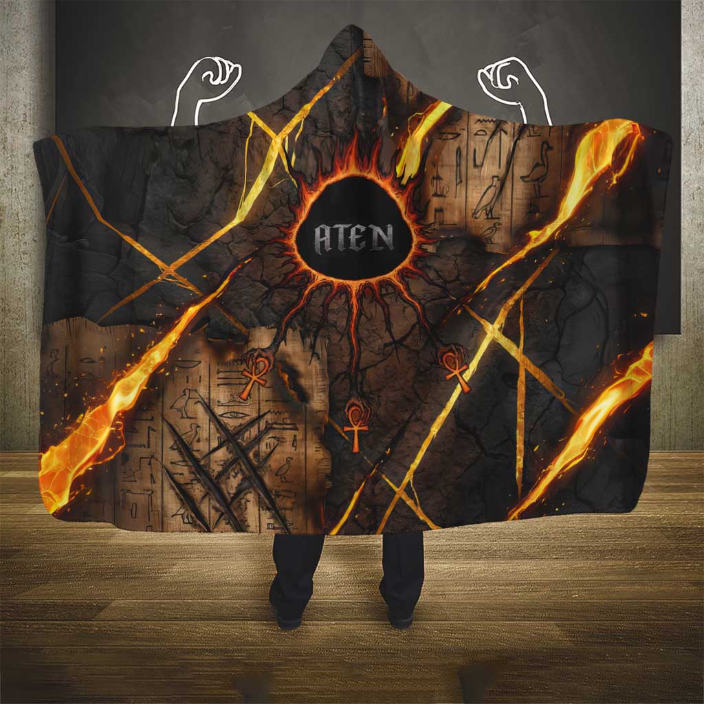 Aten Hooded Blanket Ancient Egyptian Cracked Stone Hieroglyph, Solar Eclipse Emblem, and Radiant Sunburst - Wonder Print Shop