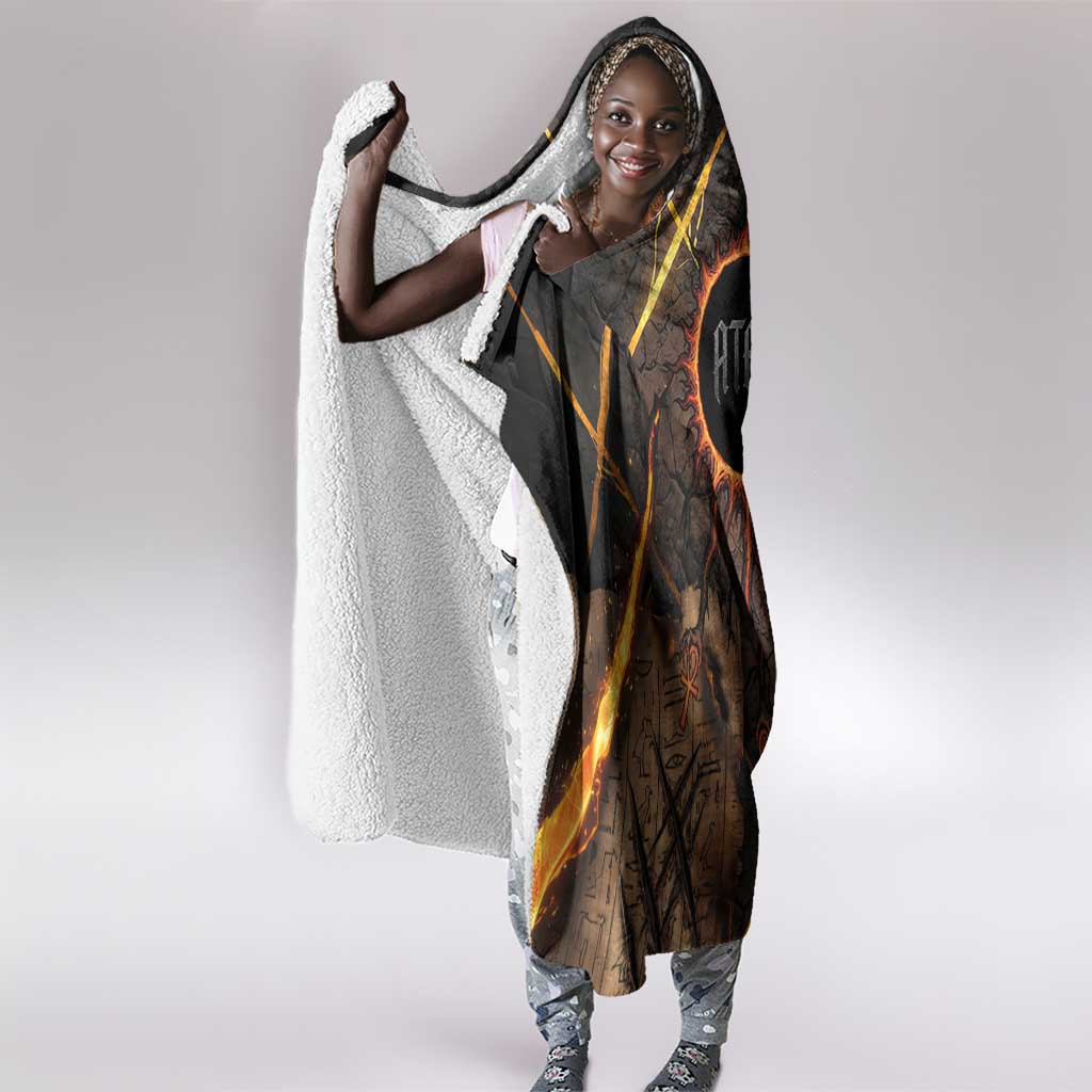 Aten Hooded Blanket Ancient Egyptian Cracked Stone Hieroglyph, Solar Eclipse Emblem, and Radiant Sunburst - Wonder Print Shop