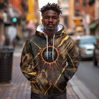 Aten Hoodie Ancient Egyptian Cracked Stone Hieroglyph, Solar Eclipse Emblem, and Radiant Sunburst - Wonder Print Shop