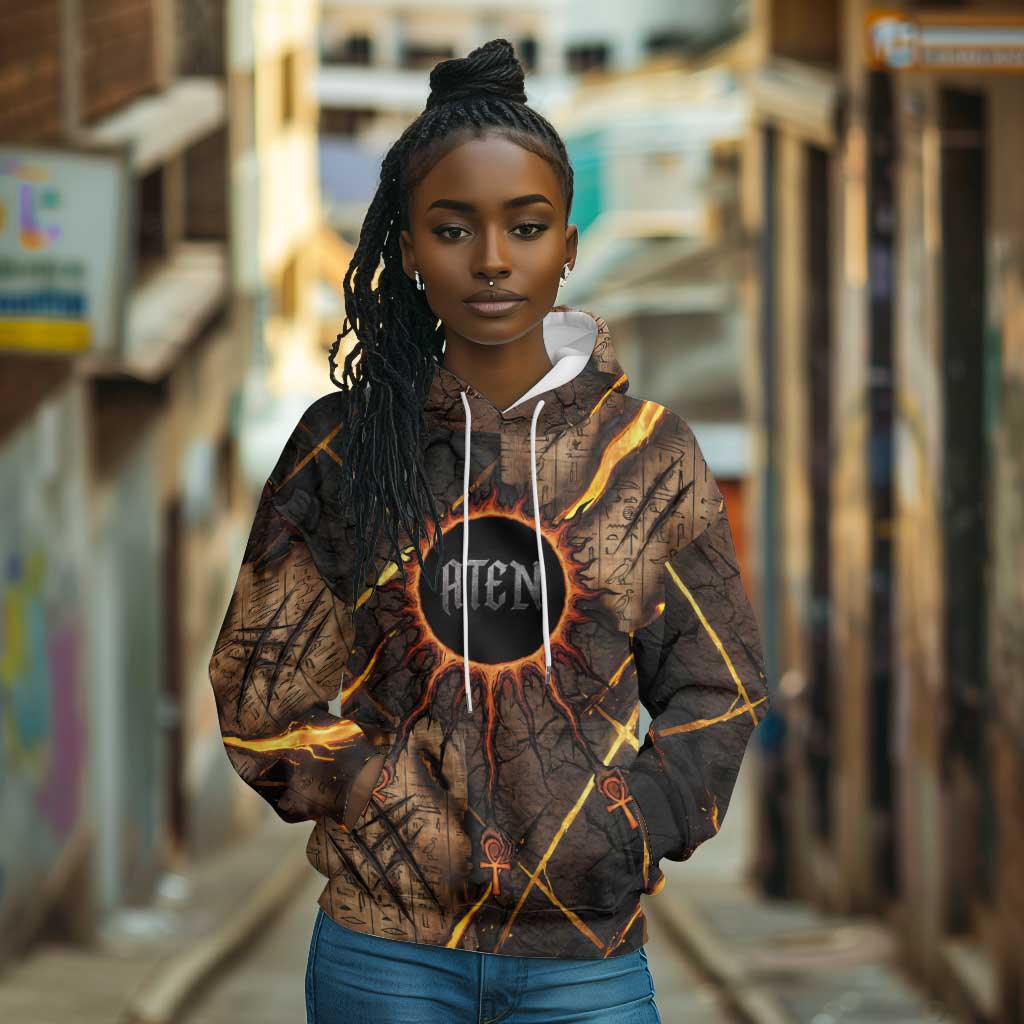 Aten Hoodie Ancient Egyptian Cracked Stone Hieroglyph, Solar Eclipse Emblem, and Radiant Sunburst - Wonder Print Shop