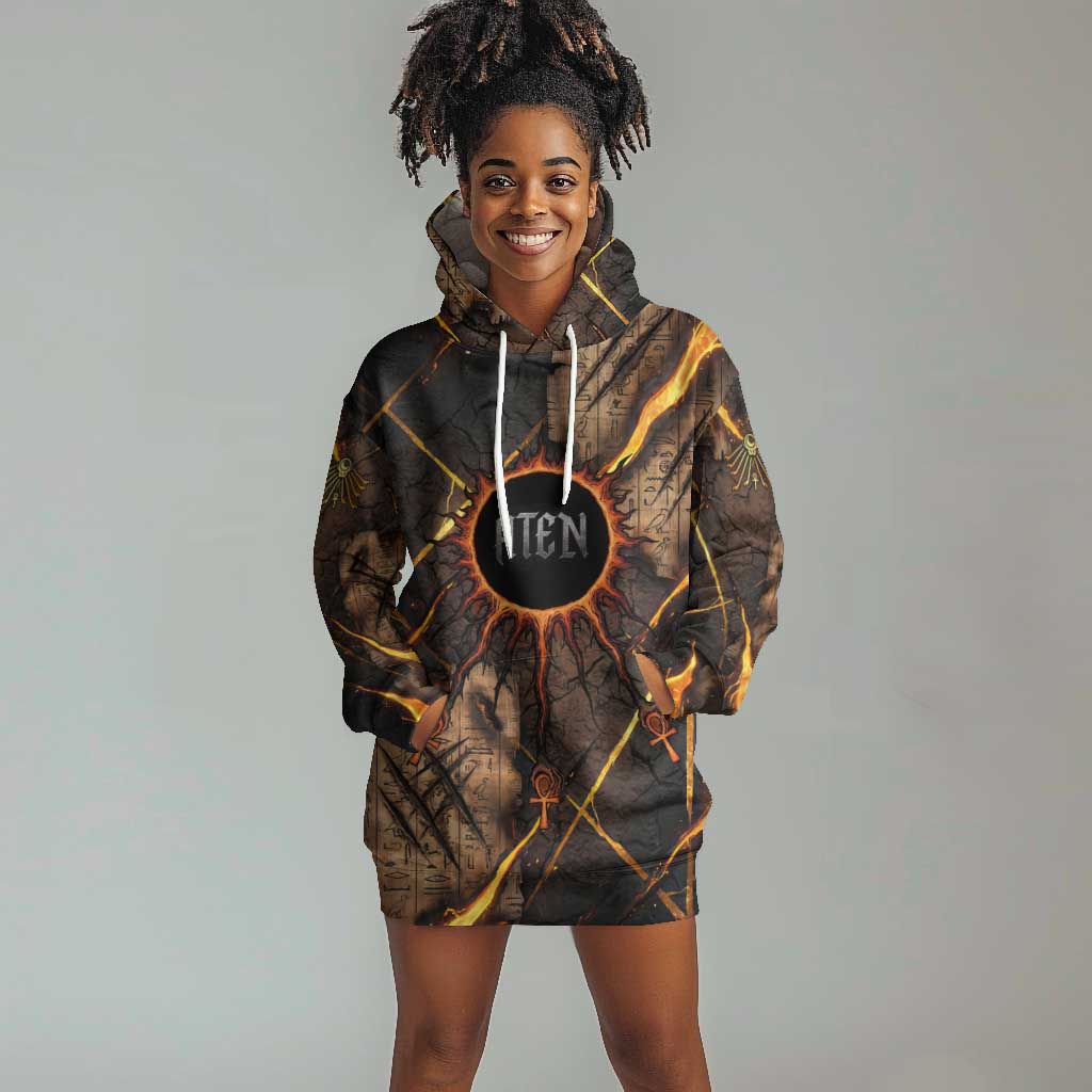Aten Hoodie Dress Ancient Egyptian Cracked Stone Hieroglyph, Solar Eclipse Emblem, and Radiant Sunburst - Wonder Print Shop