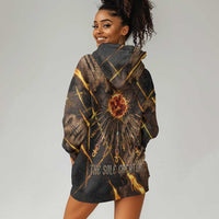 Aten Hoodie Dress Ancient Egyptian Cracked Stone Hieroglyph, Solar Eclipse Emblem, and Radiant Sunburst - Wonder Print Shop