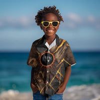 Aten Kid Hawaiian Shirt Ancient Egyptian Cracked Stone Hieroglyph, Solar Eclipse Emblem, and Radiant Sunburst - Wonder Print Shop