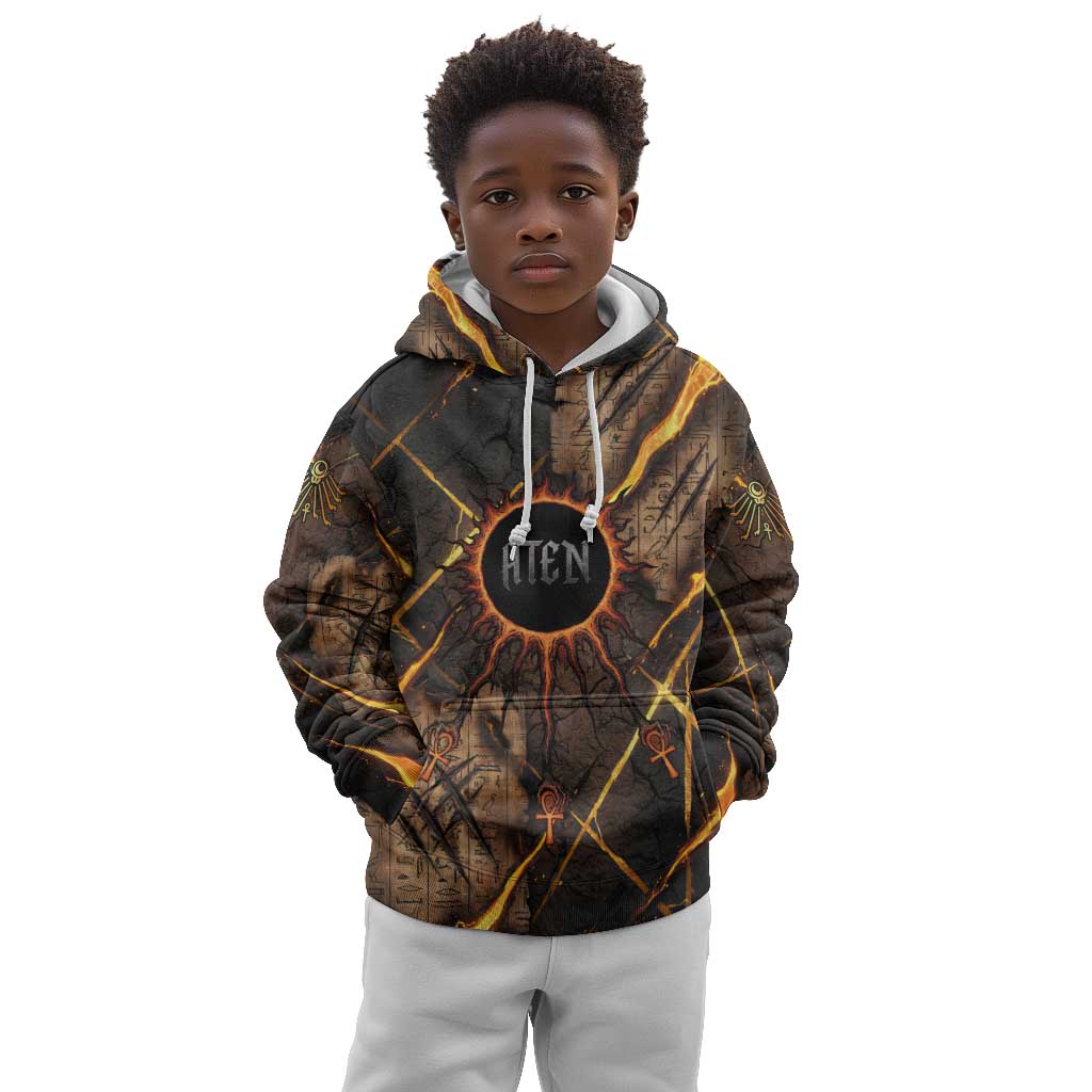 Aten Kid Hoodie Ancient Egyptian Cracked Stone Hieroglyph, Solar Eclipse Emblem, and Radiant Sunburst - Wonder Print Shop