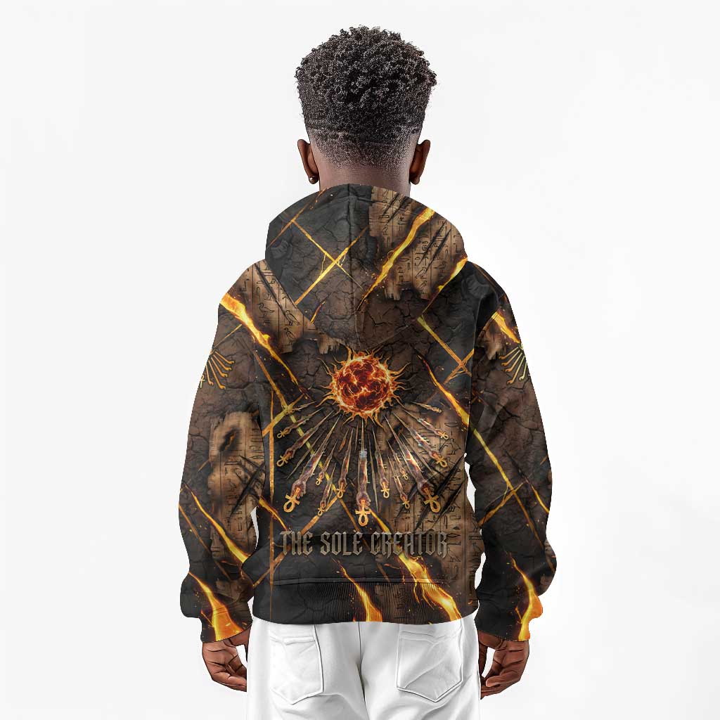 Aten Kid Hoodie Ancient Egyptian Cracked Stone Hieroglyph, Solar Eclipse Emblem, and Radiant Sunburst - Wonder Print Shop