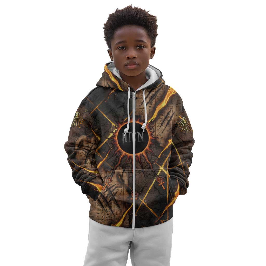 Aten Kid Hoodie Ancient Egyptian Cracked Stone Hieroglyph, Solar Eclipse Emblem, and Radiant Sunburst - Wonder Print Shop