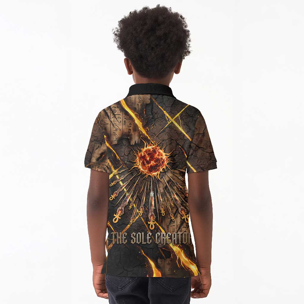 Aten Kid Polo Shirt Ancient Egyptian Cracked Stone Hieroglyph, Solar Eclipse Emblem, and Radiant Sunburst - Wonder Print Shop