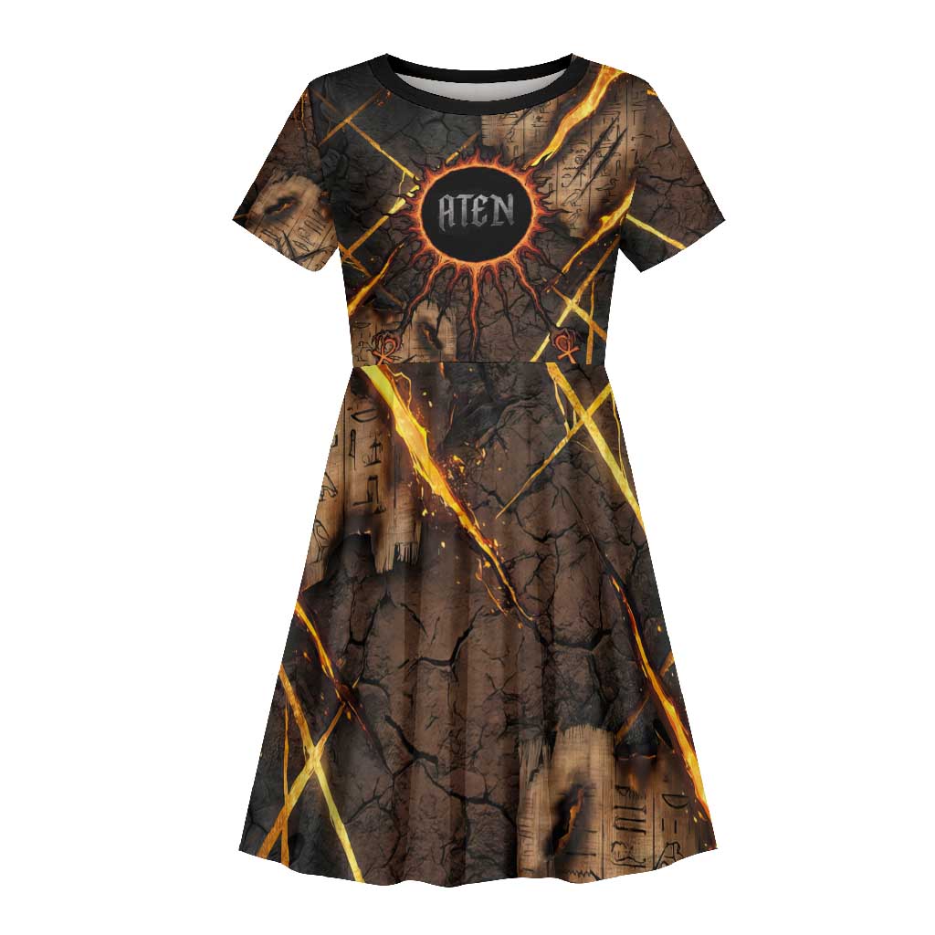 Aten Kid Short Sleeve Dress Ancient Egyptian Cracked Stone Hieroglyph, Solar Eclipse Emblem, and Radiant Sunburst - Wonder Print Shop