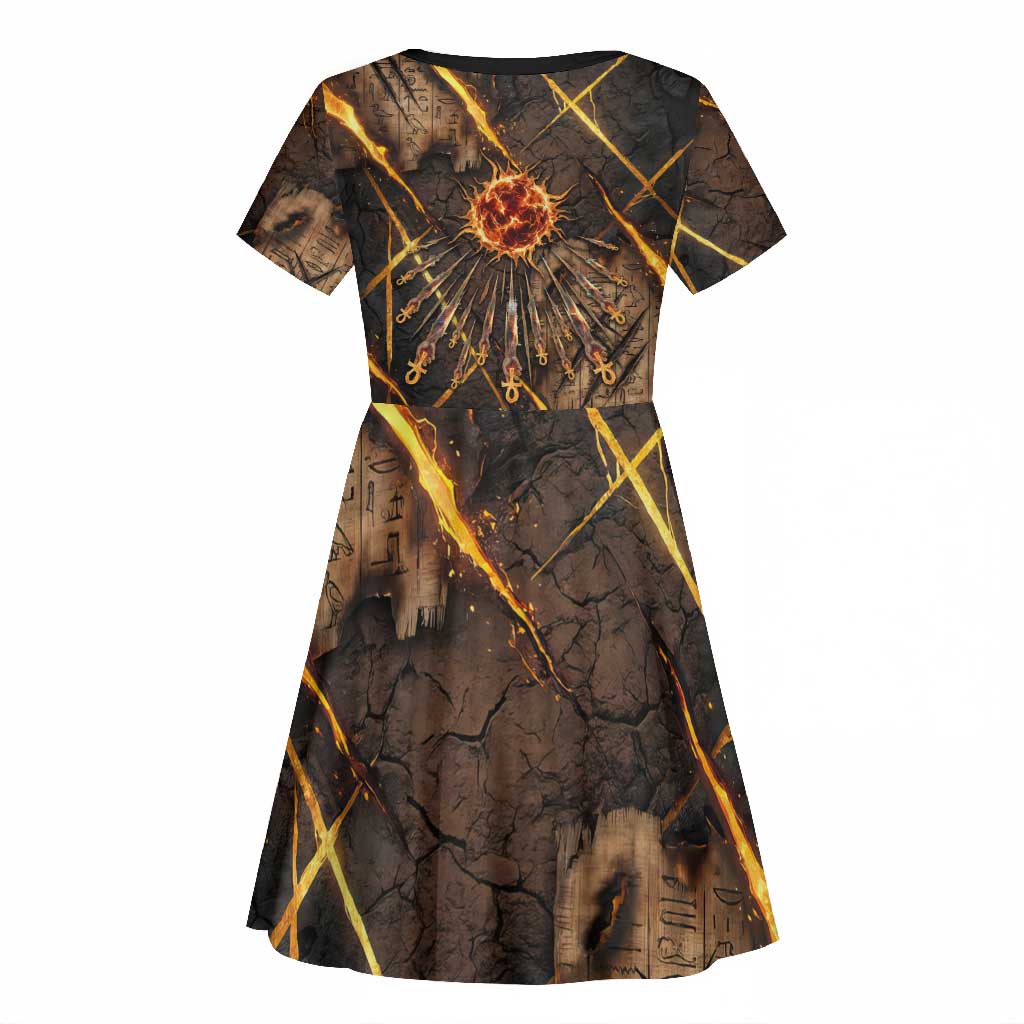 Aten Kid Short Sleeve Dress Ancient Egyptian Cracked Stone Hieroglyph, Solar Eclipse Emblem, and Radiant Sunburst - Wonder Print Shop