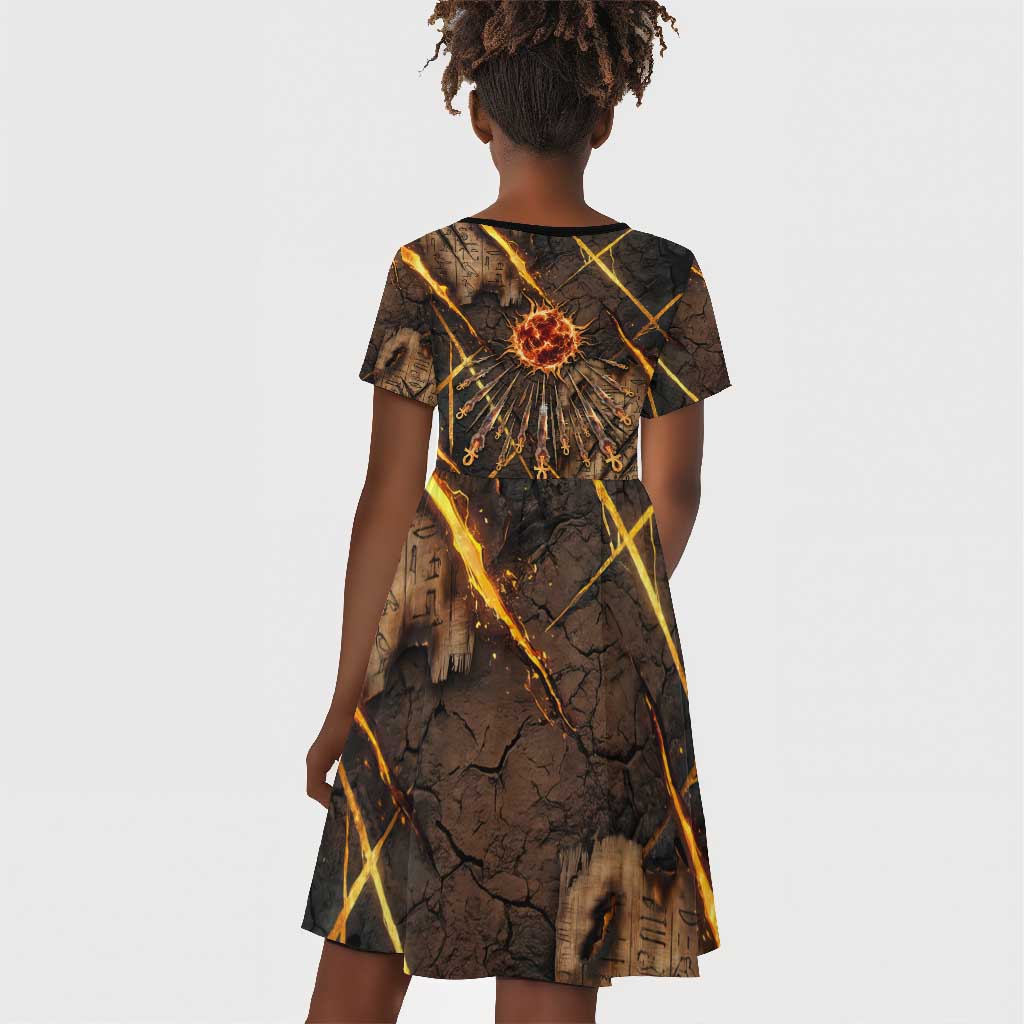 Aten Kid Short Sleeve Dress Ancient Egyptian Cracked Stone Hieroglyph, Solar Eclipse Emblem, and Radiant Sunburst - Wonder Print Shop