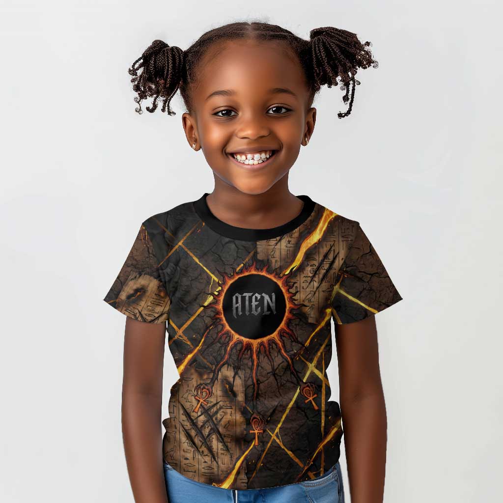 Aten Kid T shirt Ancient Egyptian Cracked Stone Hieroglyph, Solar Eclipse Emblem, and Radiant Sunburst - Wonder Print Shop