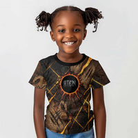 Aten Kid T shirt Ancient Egyptian Cracked Stone Hieroglyph, Solar Eclipse Emblem, and Radiant Sunburst - Wonder Print Shop