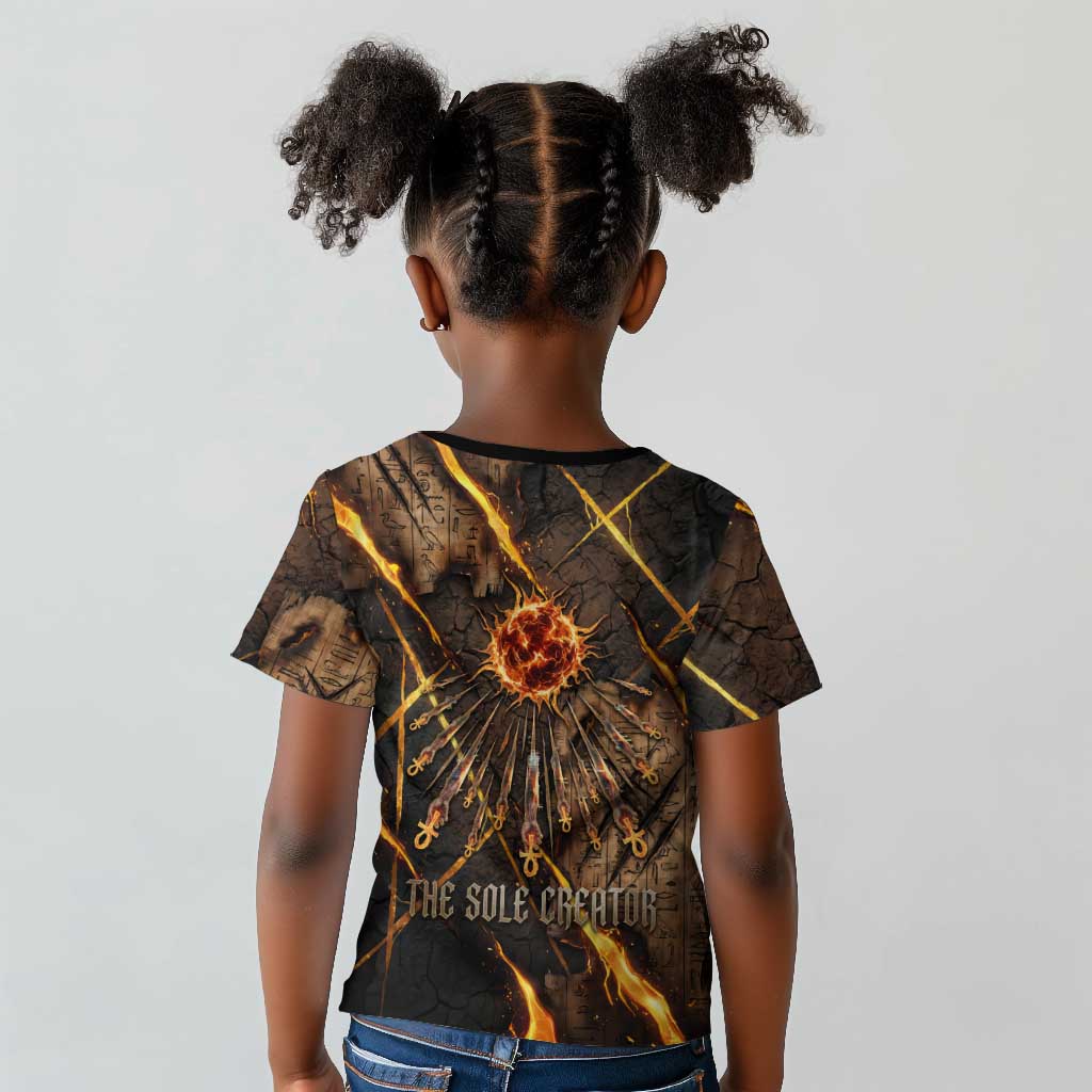 Aten Kid T shirt Ancient Egyptian Cracked Stone Hieroglyph, Solar Eclipse Emblem, and Radiant Sunburst - Wonder Print Shop