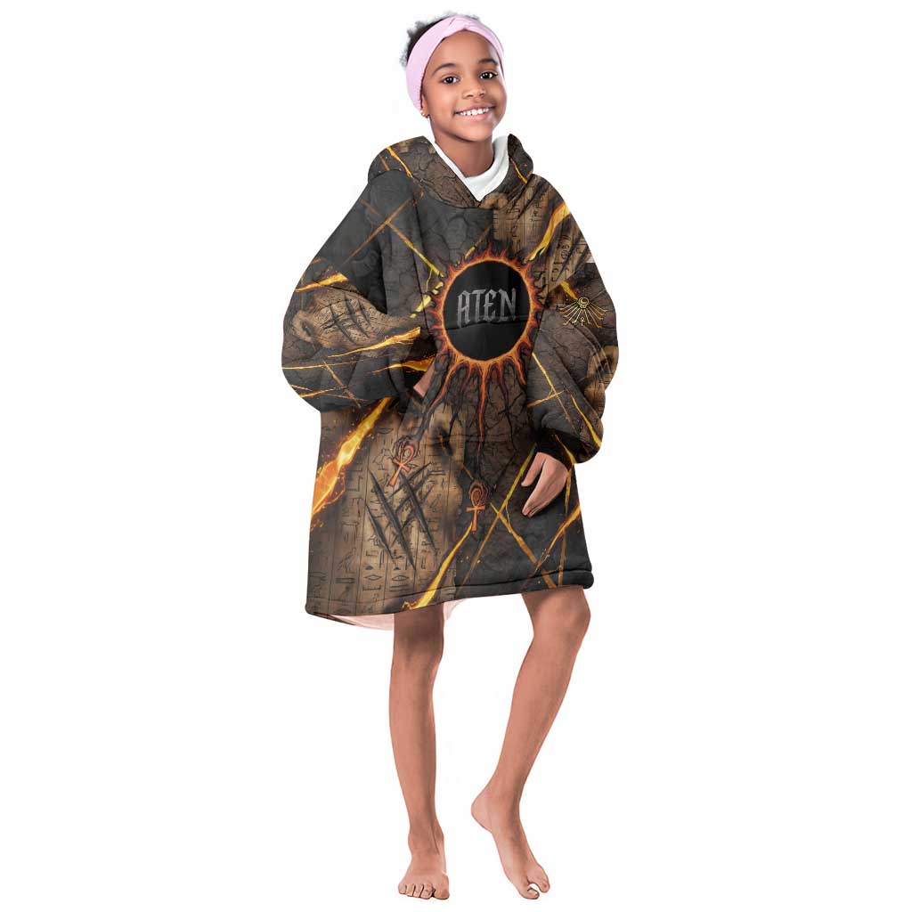 Aten Kid Wearable Blanket Hoodie Ancient Egyptian Cracked Stone Hieroglyph, Solar Eclipse Emblem, and Radiant Sunburst - Wonder Print Shop