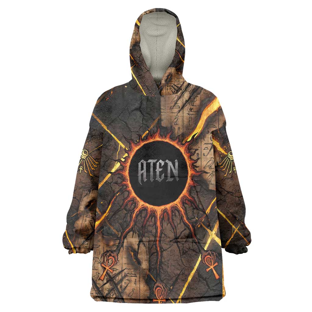 Aten Kid Wearable Blanket Hoodie Ancient Egyptian Cracked Stone Hieroglyph, Solar Eclipse Emblem, and Radiant Sunburst - Wonder Print Shop