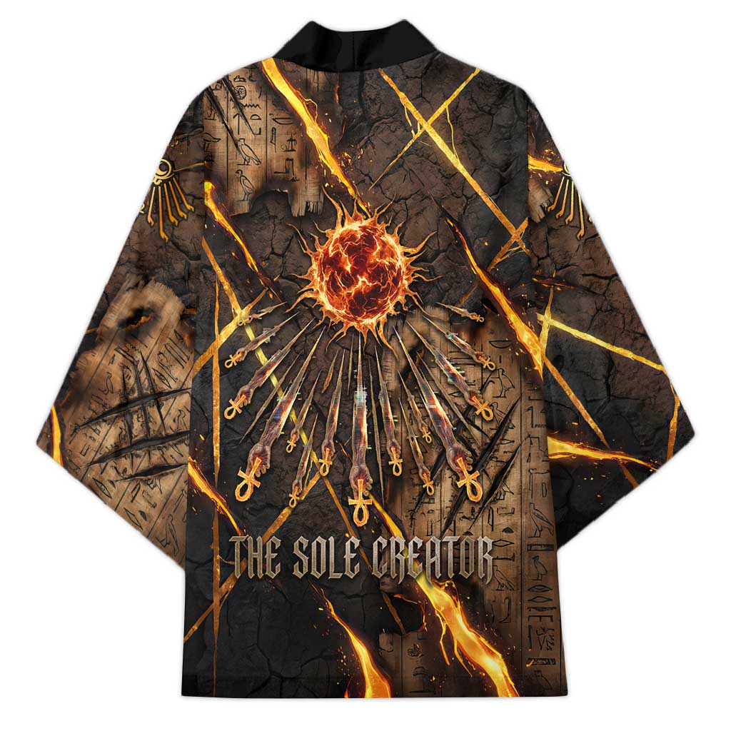 Aten Kimono Ancient Egyptian Cracked Stone Hieroglyph, Solar Eclipse Emblem, and Radiant Sunburst - Wonder Print Shop