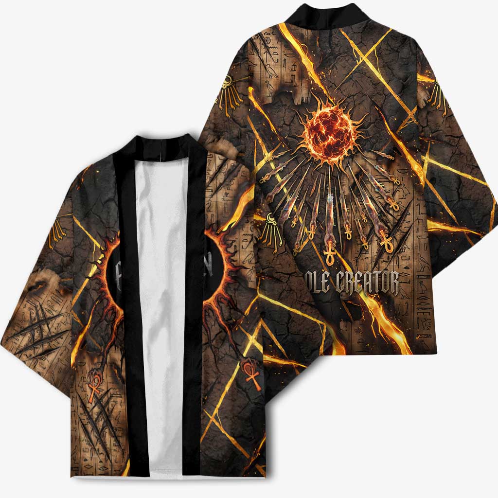 Aten Kimono Ancient Egyptian Cracked Stone Hieroglyph, Solar Eclipse Emblem, and Radiant Sunburst - Wonder Print Shop