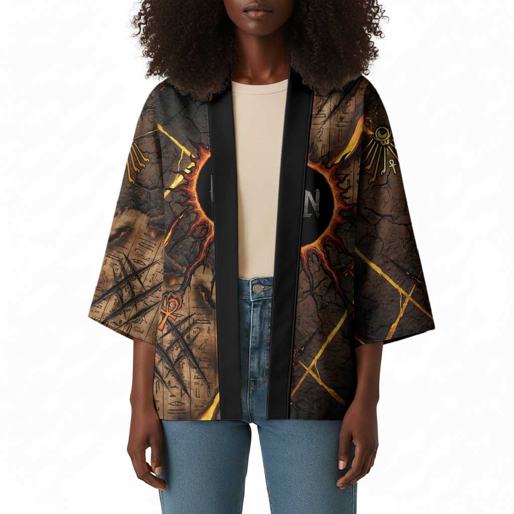 Aten Kimono Ancient Egyptian Cracked Stone Hieroglyph, Solar Eclipse Emblem, and Radiant Sunburst - Wonder Print Shop