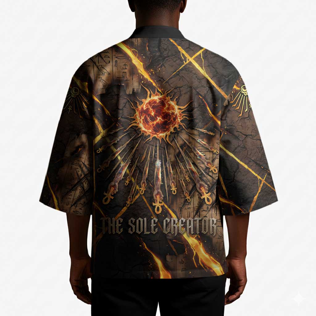 Aten Kimono Ancient Egyptian Cracked Stone Hieroglyph, Solar Eclipse Emblem, and Radiant Sunburst - Wonder Print Shop