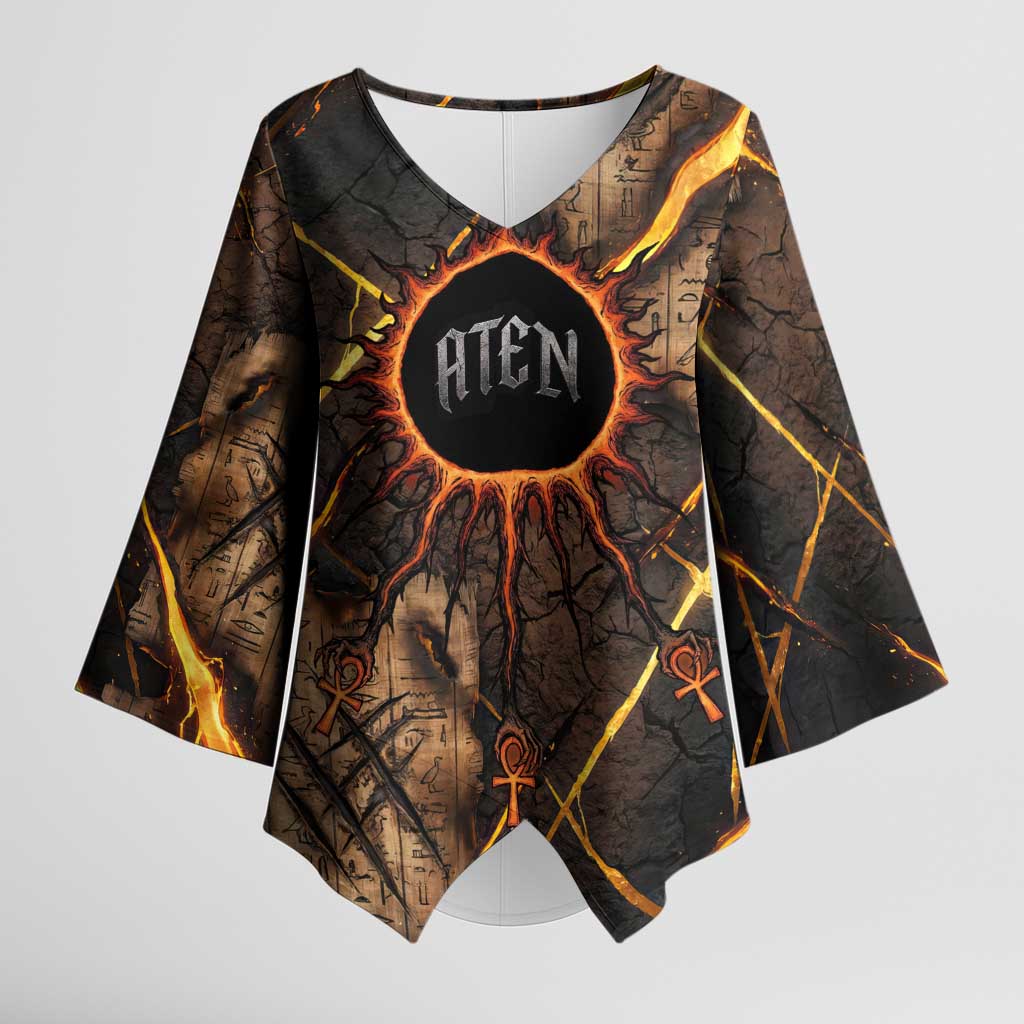 Aten Kimono Sleeve Blouse Ancient Egyptian Cracked Stone Hieroglyph, Solar Eclipse Emblem, and Radiant Sunburst - Wonder Print Shop