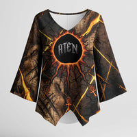 Aten Kimono Sleeve Blouse Ancient Egyptian Cracked Stone Hieroglyph, Solar Eclipse Emblem, and Radiant Sunburst - Wonder Print Shop