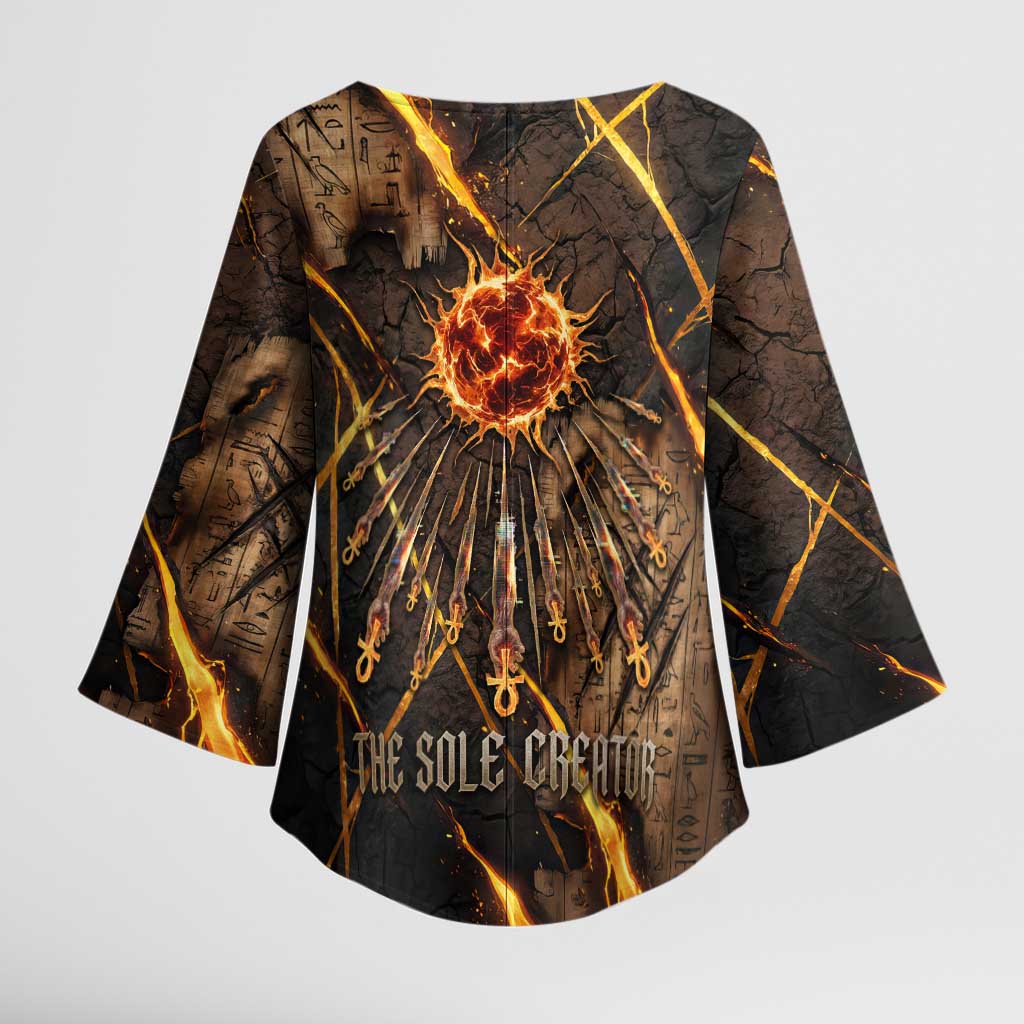 Aten Kimono Sleeve Blouse Ancient Egyptian Cracked Stone Hieroglyph, Solar Eclipse Emblem, and Radiant Sunburst - Wonder Print Shop