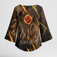 Aten Kimono Sleeve Blouse Ancient Egyptian Cracked Stone Hieroglyph, Solar Eclipse Emblem, and Radiant Sunburst - Wonder Print Shop