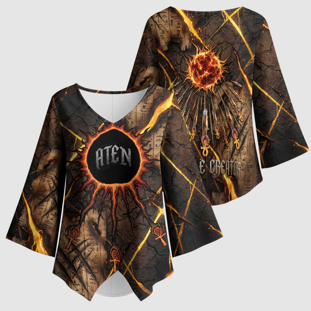Aten Kimono Sleeve Blouse Ancient Egyptian Cracked Stone Hieroglyph, Solar Eclipse Emblem, and Radiant Sunburst - Wonder Print Shop