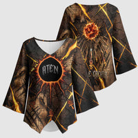 Aten Kimono Sleeve Blouse Ancient Egyptian Cracked Stone Hieroglyph, Solar Eclipse Emblem, and Radiant Sunburst - Wonder Print Shop
