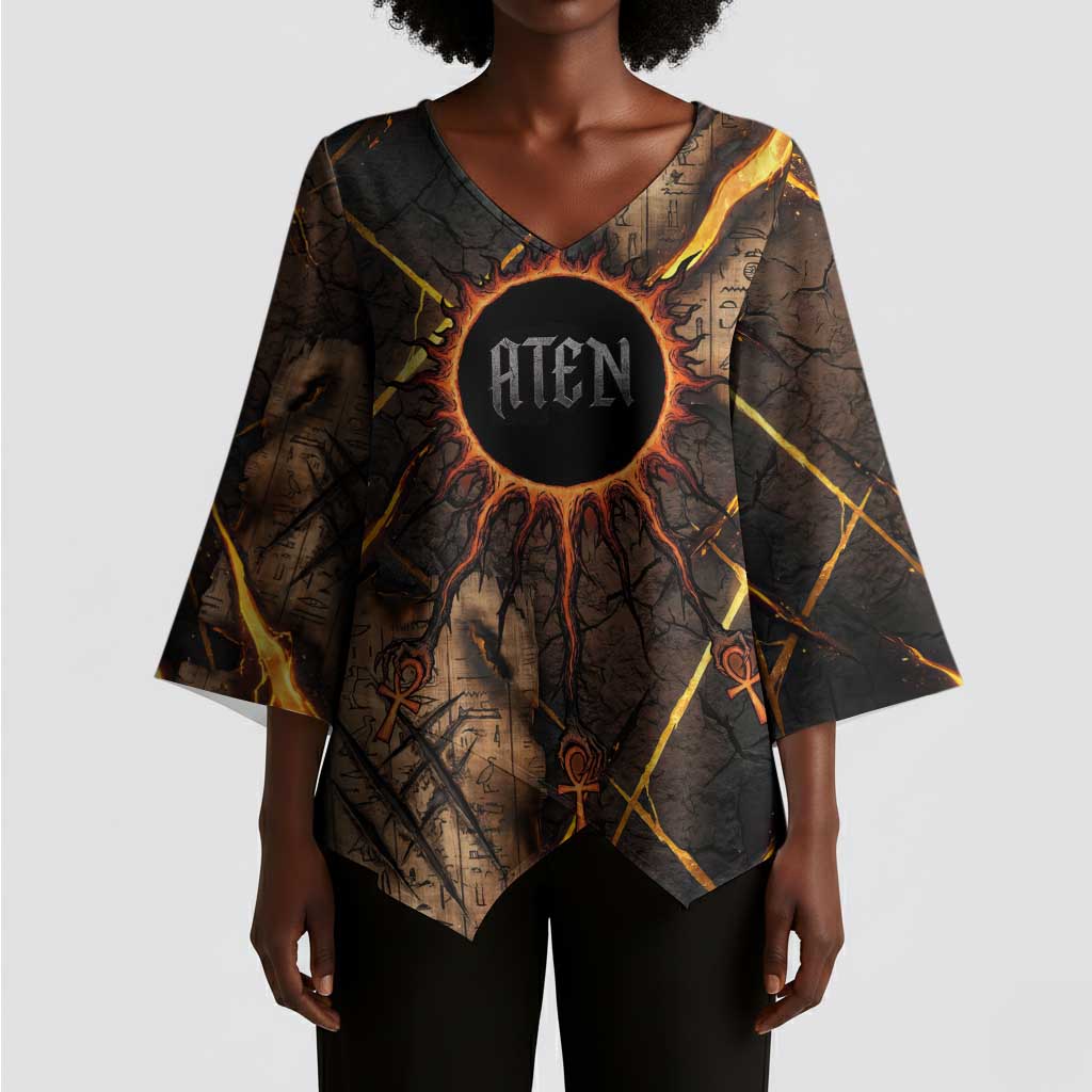Aten Kimono Sleeve Blouse Ancient Egyptian Cracked Stone Hieroglyph, Solar Eclipse Emblem, and Radiant Sunburst - Wonder Print Shop