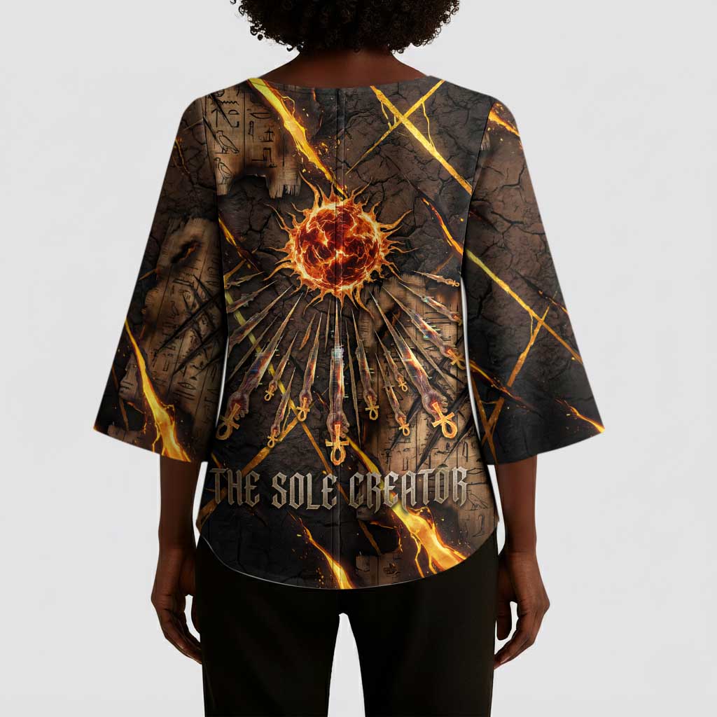 Aten Kimono Sleeve Blouse Ancient Egyptian Cracked Stone Hieroglyph, Solar Eclipse Emblem, and Radiant Sunburst - Wonder Print Shop