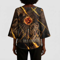 Aten Kimono Sleeve Blouse Ancient Egyptian Cracked Stone Hieroglyph, Solar Eclipse Emblem, and Radiant Sunburst - Wonder Print Shop