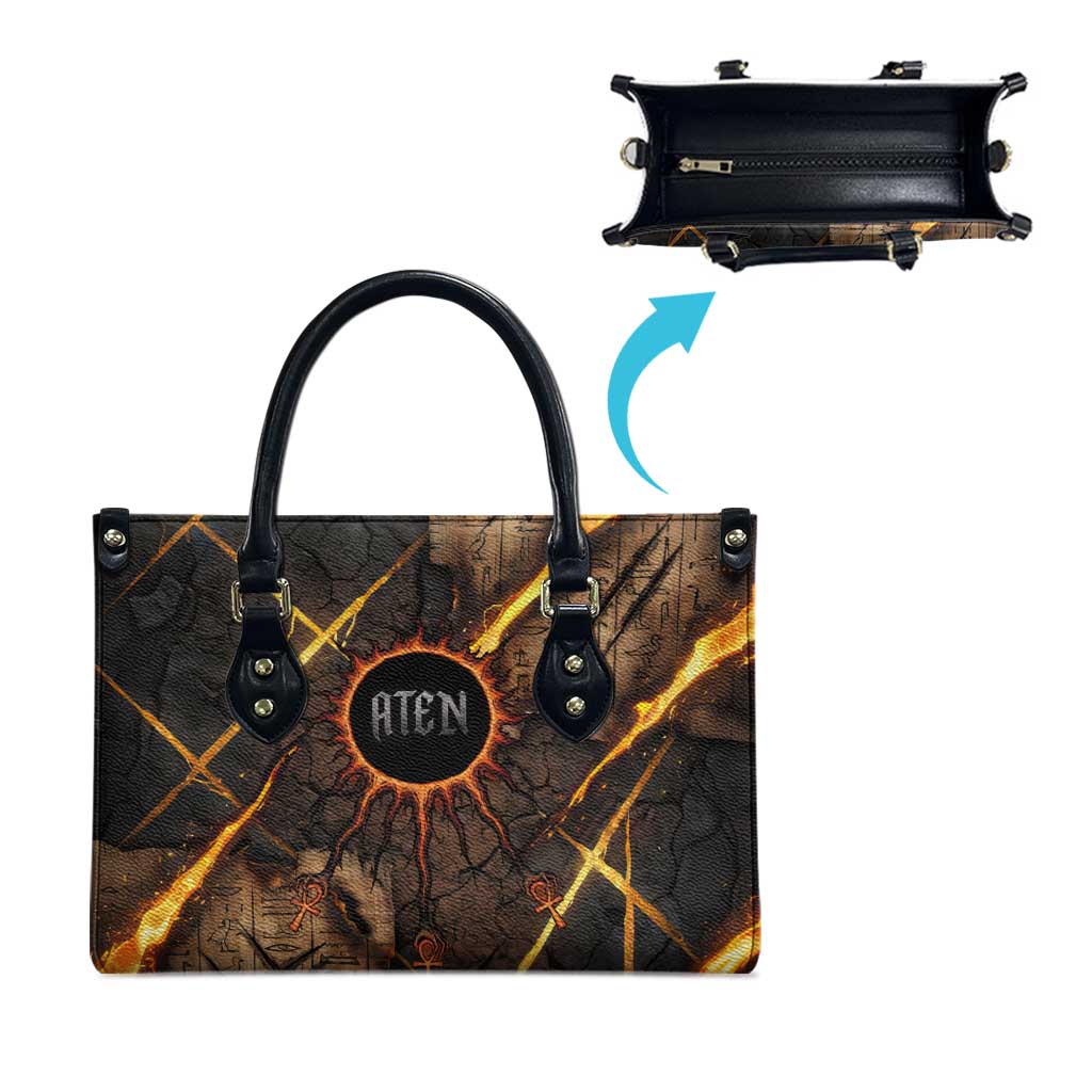 Aten Leather Bag Ancient Egyptian Cracked Stone Hieroglyph, Solar Eclipse Emblem, and Radiant Sunburst - Wonder Print Shop