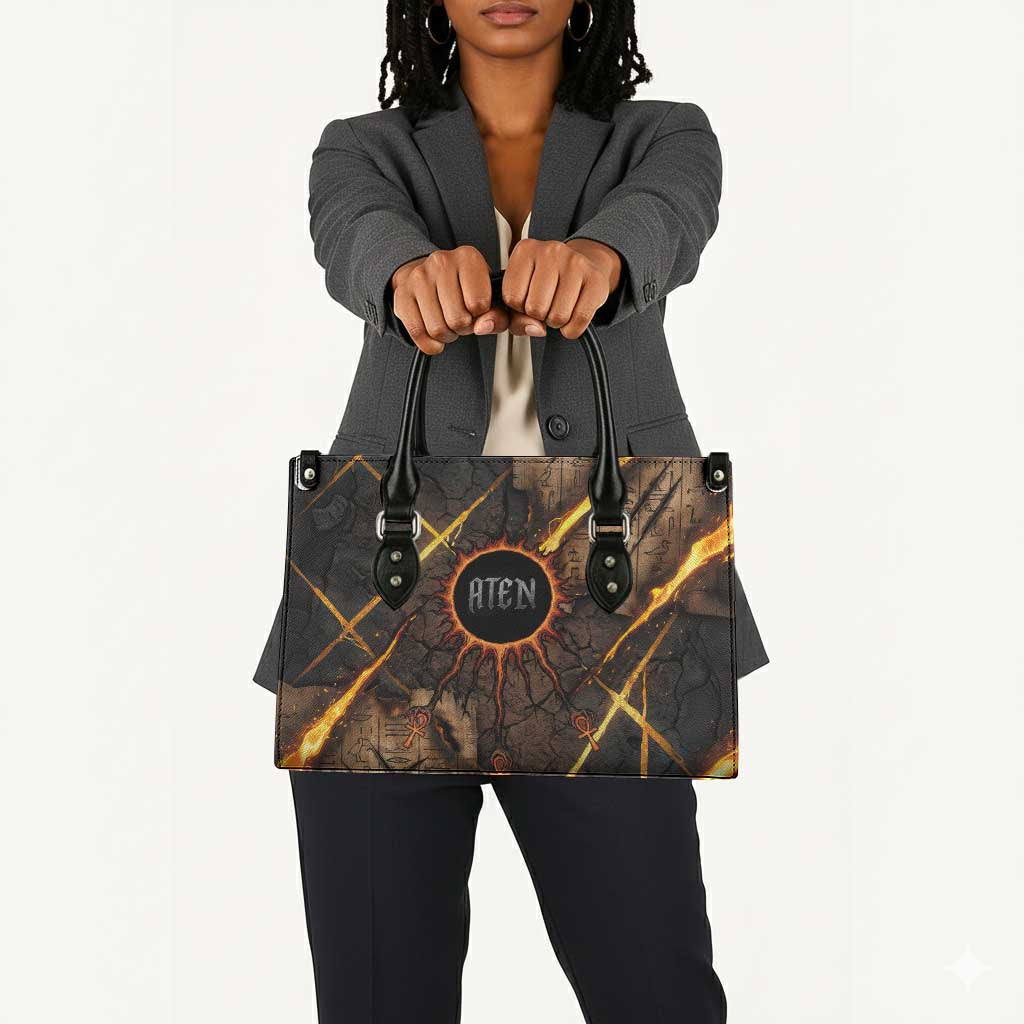 Aten Leather Bag Ancient Egyptian Cracked Stone Hieroglyph, Solar Eclipse Emblem, and Radiant Sunburst - Wonder Print Shop