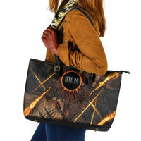 Aten Leather Tote Bag Ancient Egyptian Cracked Stone Hieroglyph, Solar Eclipse Emblem, and Radiant Sunburst - Wonder Print Shop