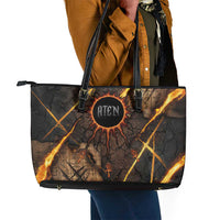 Aten Leather Tote Bag Ancient Egyptian Cracked Stone Hieroglyph, Solar Eclipse Emblem, and Radiant Sunburst - Wonder Print Shop