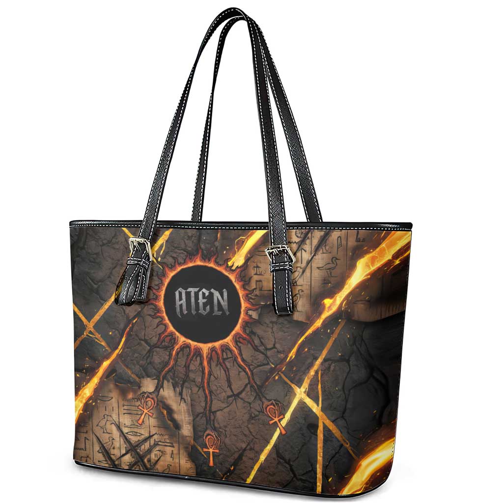 Aten Leather Tote Bag Ancient Egyptian Cracked Stone Hieroglyph, Solar Eclipse Emblem, and Radiant Sunburst - Wonder Print Shop